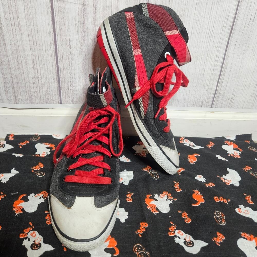 Puma Gray & Red Plaid High Top Sneakers, size 11.5